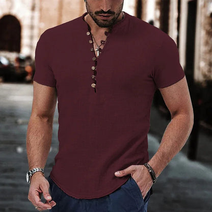 Men's Short Sleeve V-neck button Cotton Linen Casual Shirt