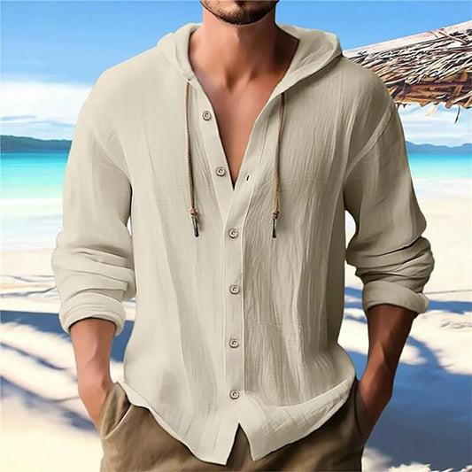 Men's hooded drawstring cotton and linen cardigan, trendy and versatile beach shirt