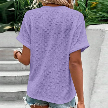 Casual Jacquard Button V-Neck Top.