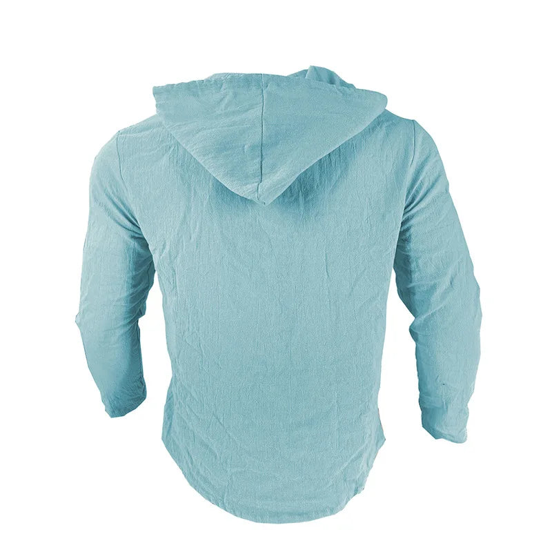 Men's hooded drawstring cotton and linen cardigan, trendy and versatile beach shirt