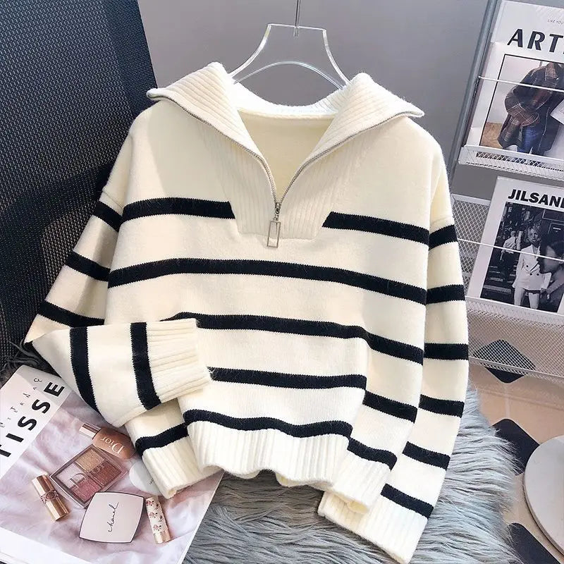 Zipper Stripe Short Style Premium Sweater.