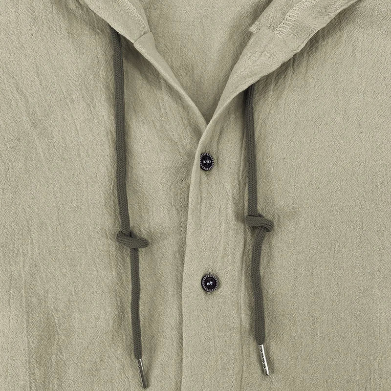 Men's hooded drawstring cotton and linen cardigan, trendy and versatile beach shirt