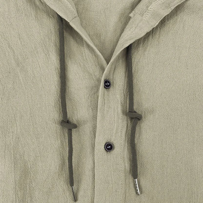 Men's hooded drawstring cotton and linen cardigan, trendy and versatile beach shirt