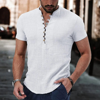 Men's Short Sleeve V-neck button Cotton Linen Casual Shirt