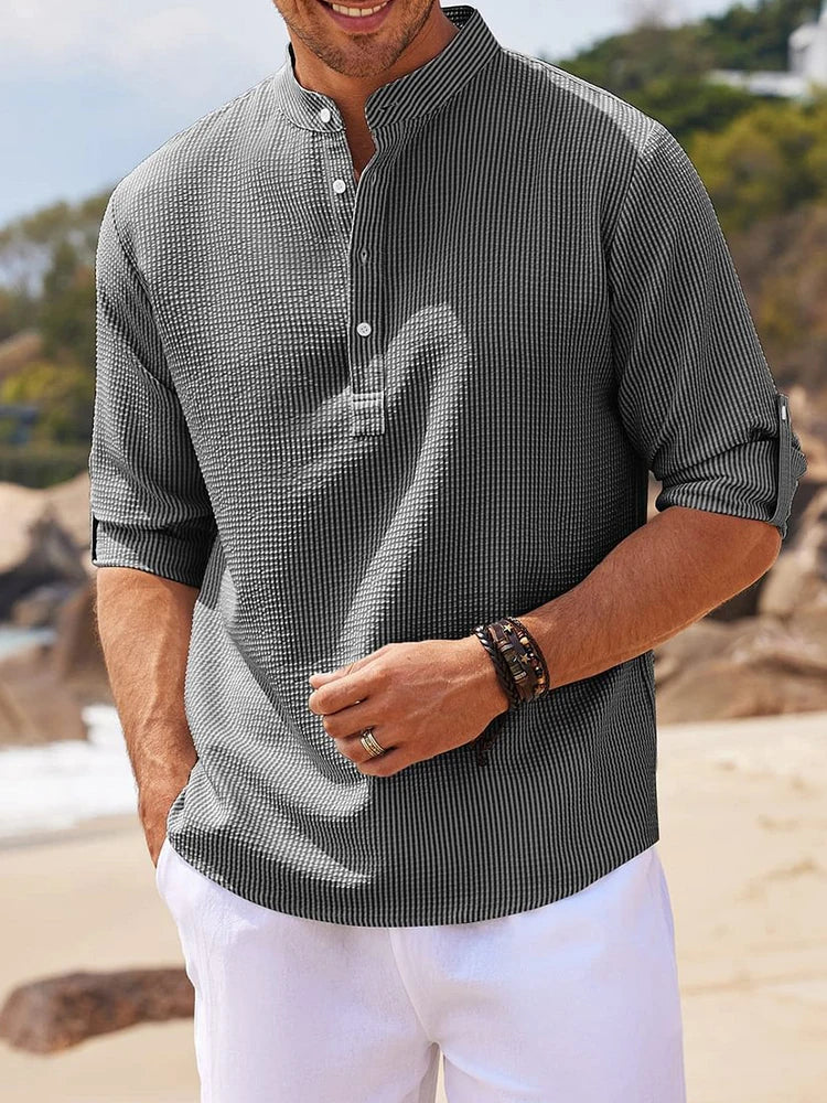 Long-Sleeved Casual Linen Beach Shirt.