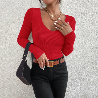 Solid Rib Knit V Neck Pullover Sweater.