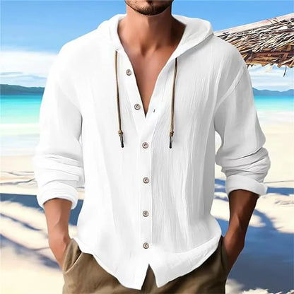 Men's hooded drawstring cotton and linen cardigan, trendy and versatile beach shirt