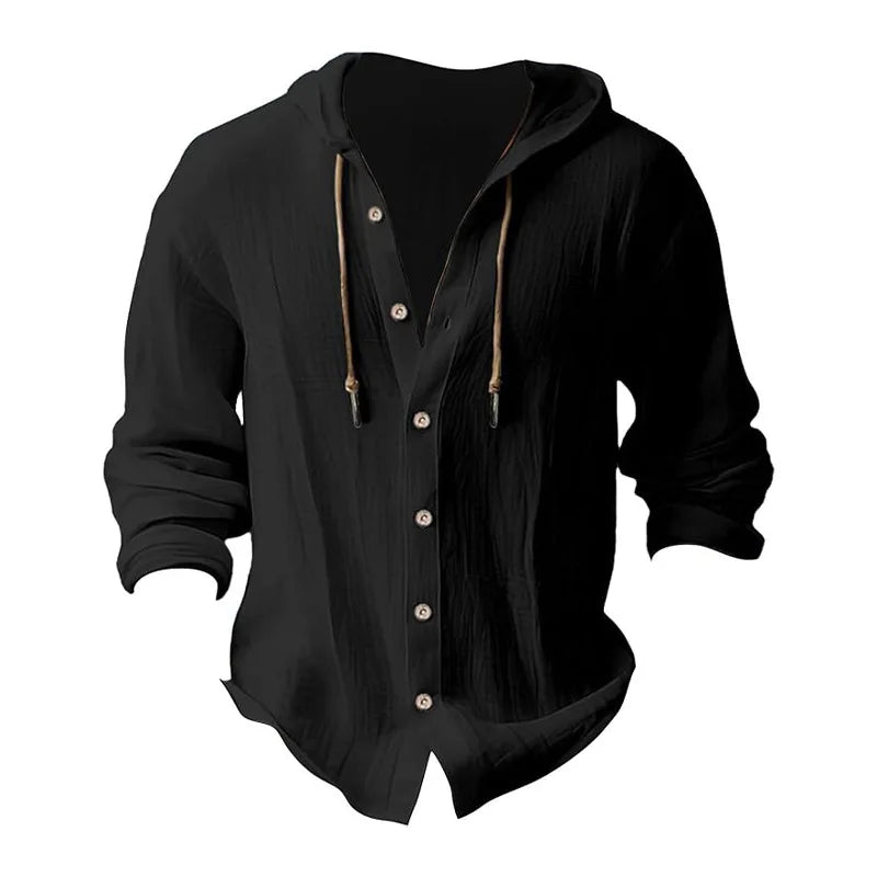 Men's hooded drawstring cotton and linen cardigan, trendy and versatile beach shirt