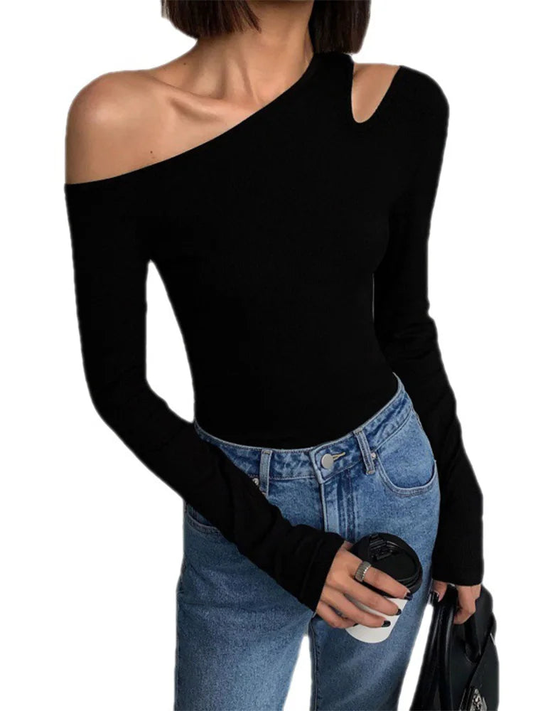 Off-shoulder Long-sleeve Slim Fit Shirt.