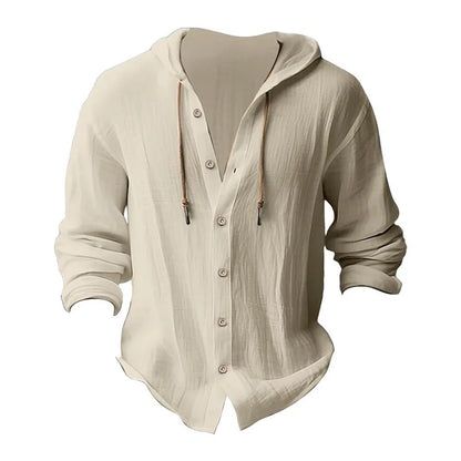 Men's hooded drawstring cotton and linen cardigan, trendy and versatile beach shirt