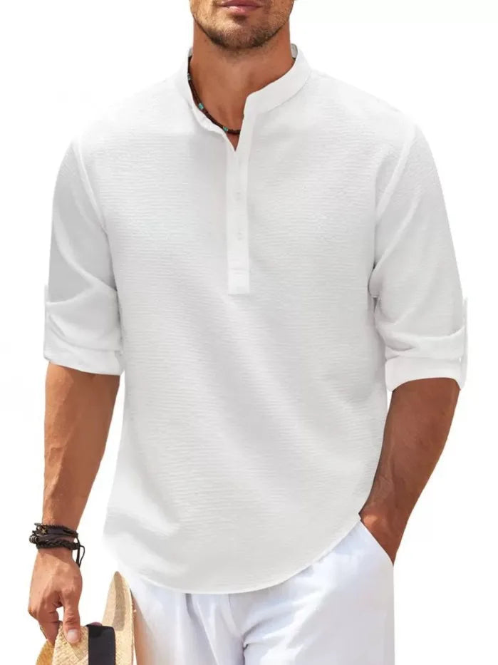 Long-Sleeved Casual Linen Beach Shirt.