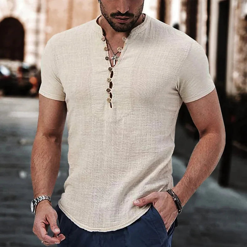 Men's Short Sleeve V-neck button Cotton Linen Casual Shirt