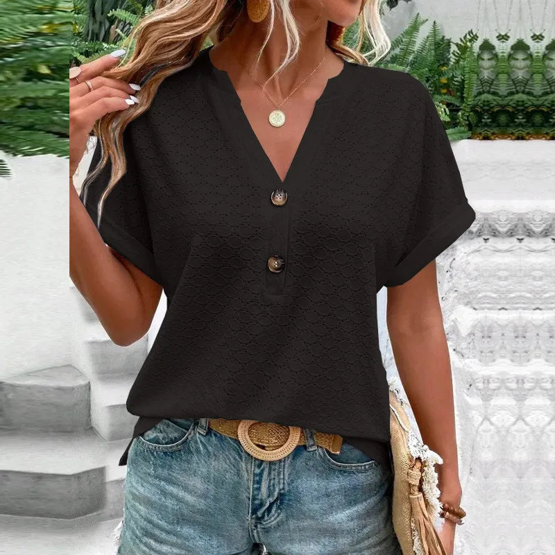 Casual Jacquard Button V-Neck Top.