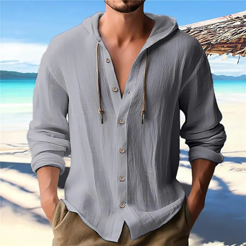 Men's hooded drawstring cotton and linen cardigan, trendy and versatile beach shirt